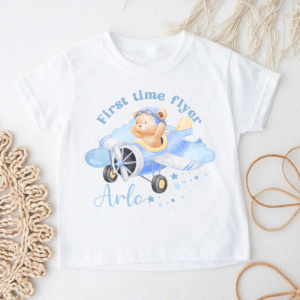 Baby boy t-shirt with teddy bear in blue plane and custom name