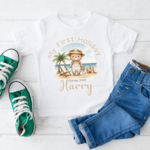 My First Holiday t-shirt for babies and toddlers with beach theme design