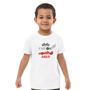 Fast One personalised birthday t-shirt with red race car and Arlo name