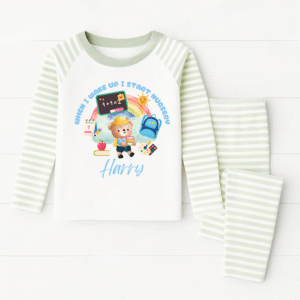 Harry Pink Stripe Personalised Nursery Pyjamas Personalised pyjamas with "When I Wake Up I Start Nursery" text and name Harry in pink stripes