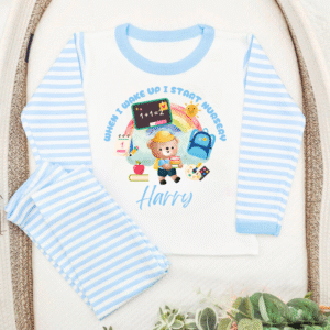 Lilac striped nursery pyjamas with rainbow bear design and personalised name Harry