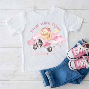 Personalised baby t-shirt with pink airplane and teddy bear for first flight