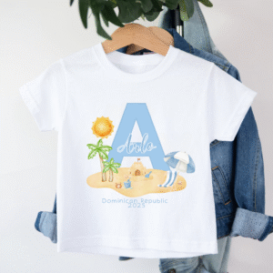 Personalised baby t-shirt with blue initial and beach scene