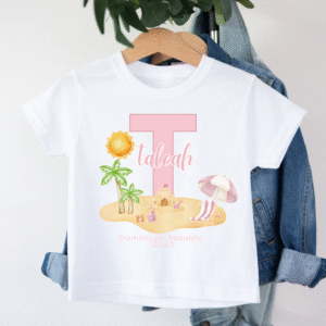 White baby t-shirt with pink initial and tropical beach design for girls