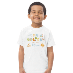 Personalised kids t-shirt with holiday icons and Italy 2025 destination