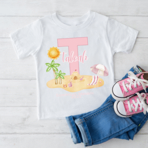 Personalised toddler holiday shirt featuring pink umbrella and sun