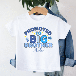 Promoted to Big Brother Shirt – Arlo Blue Crown Design White promoted to big brother t-shirt with blue crown design for Arlo