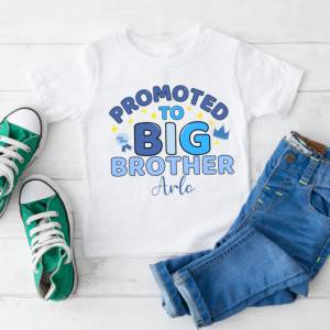 Personalised big brother shirt for toddler boy named Arlo with royal theme