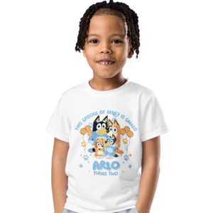 "Bluey birthday shirt with family and balloons for second birthday"