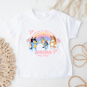 personalised george pig birthday t shirt (copy) "Bluey-themed birthday shirt for girls with rainbow and name Aurora"