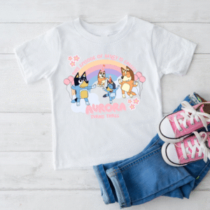 "Custom kids t-shirt featuring Bluey and friends, Aurora turns three"