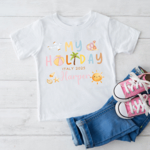 Child wearing personalised holiday t-shirt with custom name and Italy 2025