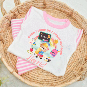 Personalised Nursery Pyjamas – Harriet Pink Personalised pyjamas with Harriet design in pink