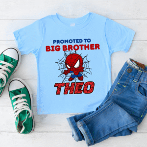 "Personalised big brother shirt with superhero design for Theo"