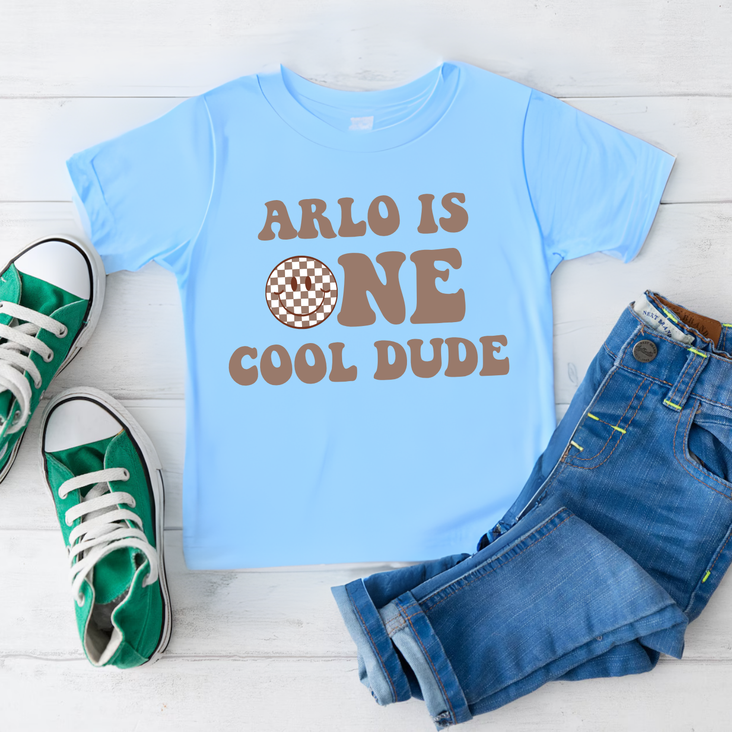Personalised 1st Birthday Cool Dude Shirt First birthday shirt with blue sunglasses and cool dude text