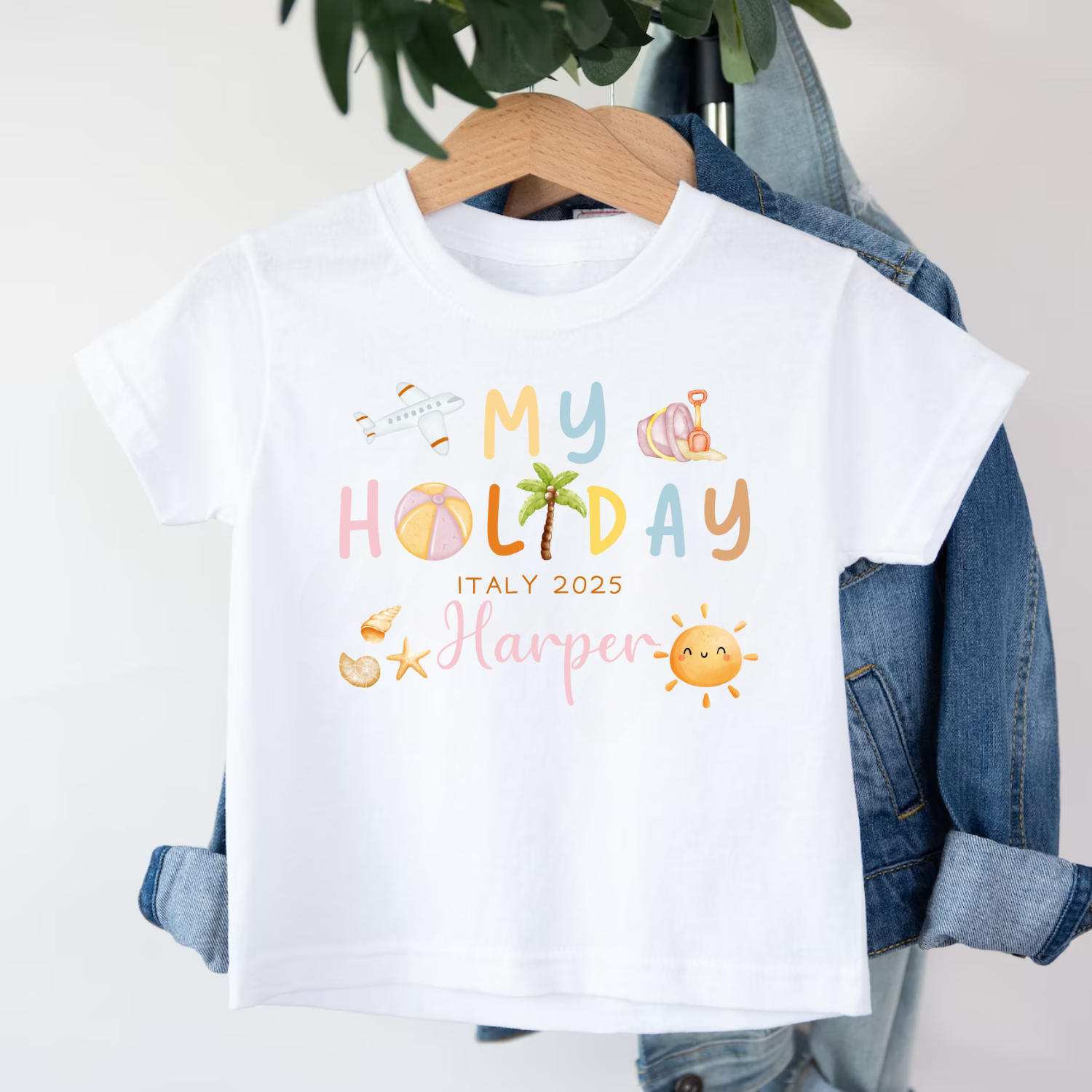 Custom Name & Destination Summer Tee for Children White kids’ t-shirt featuring colourful summer travel icons and custom text