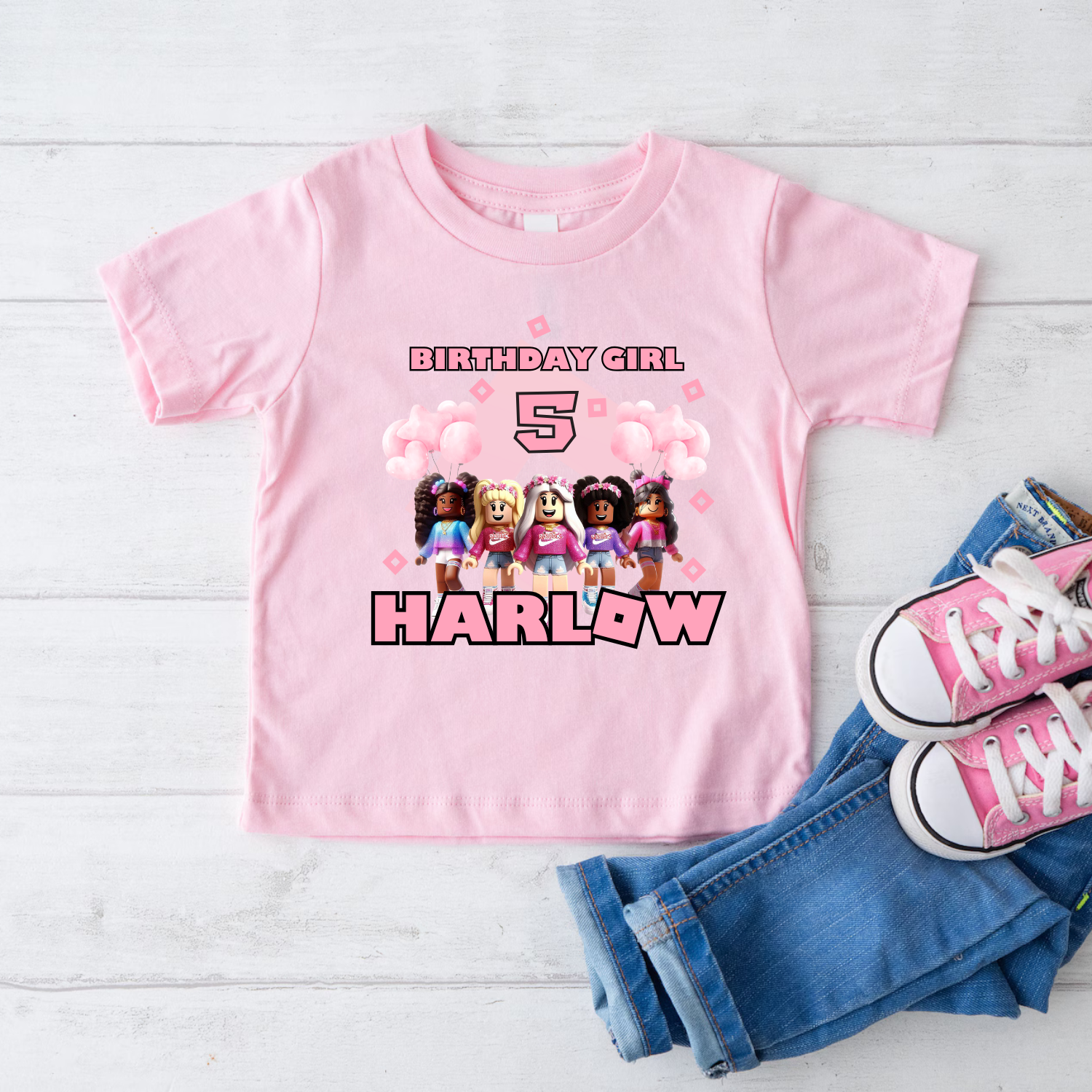 Girls Personalised Roblox Birthday T-shirt – Pink Personalised Roblox birthday t-shirt for girls in pink