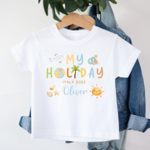 White baby holiday shirt with palm tree, airplane, sun, and custom name