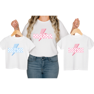 Mama and Mini matching lightning bolt t-shirts in pink and blue
