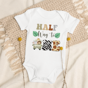 White baby bodysuit with safari-themed “Half Way to One” print
