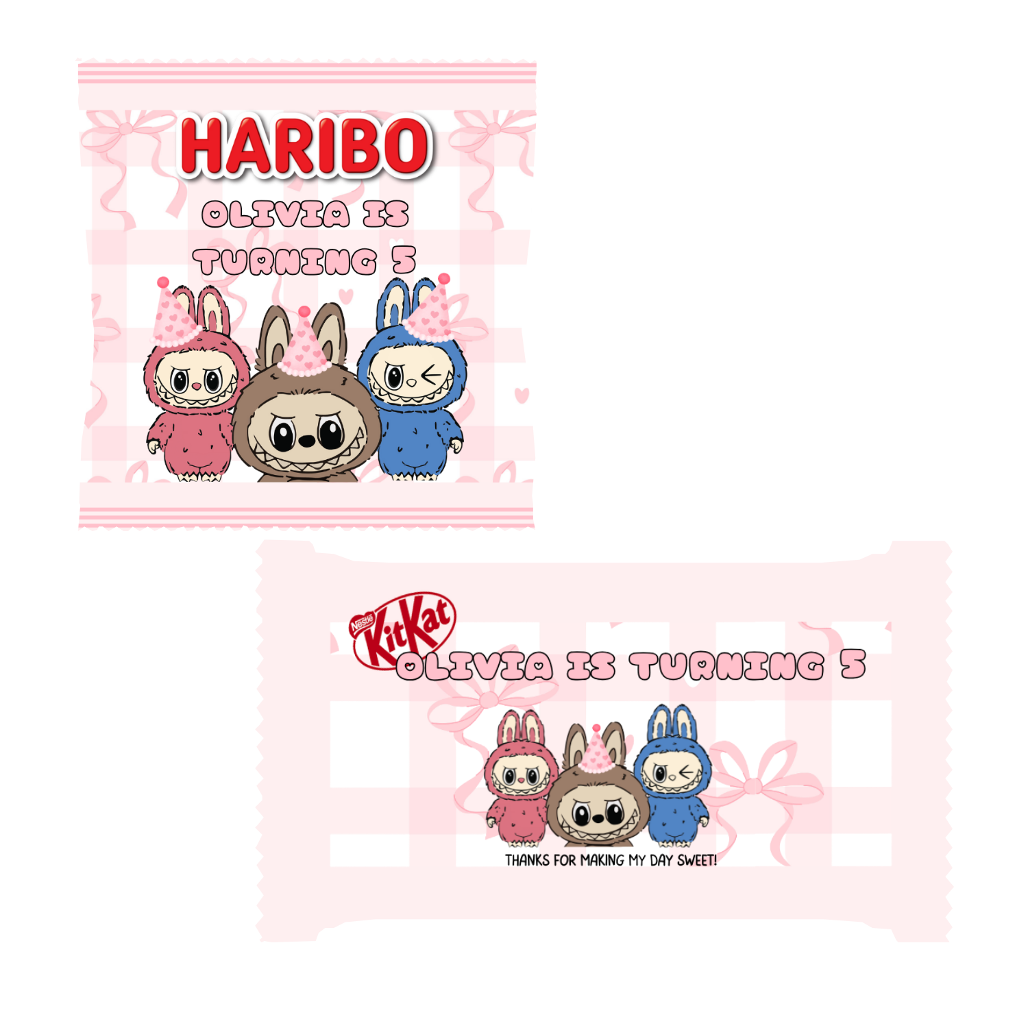Labubu Chocolate Bar Wrapper – Personalised Birthday Favour Labubu character-themed chocolate bar wrapper with pink birthday design