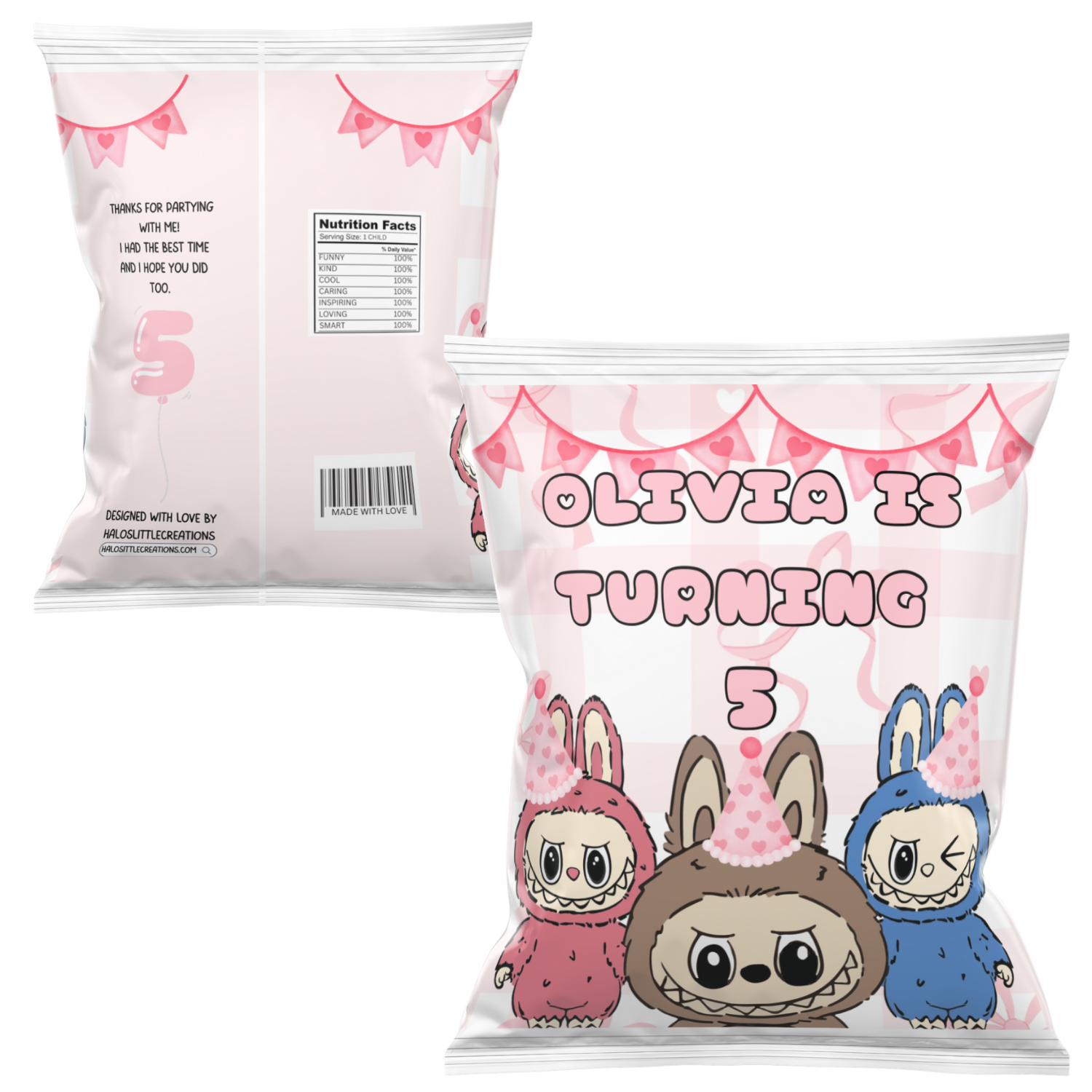 Labubu Themed Party Favour Set – Girls Birthday Bundle Full set of Labubu personalised birthday party favour wrappers for girls