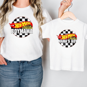 Mother and child matching t-shirts with checkered racing flame graphic