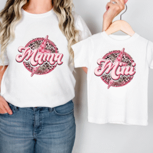mama & mini matching t shirt set – pink leopard print lightning bolt design