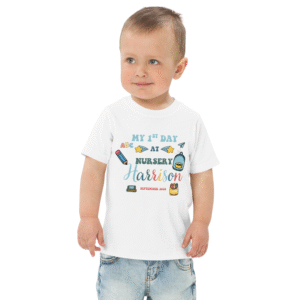 My first day at nursery personalised t-shirt with name Harrison in blue theme