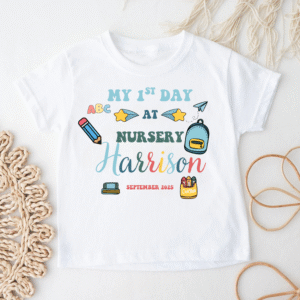 Custom pink nursery t-shirt for first day with name Harrison and cute school icons