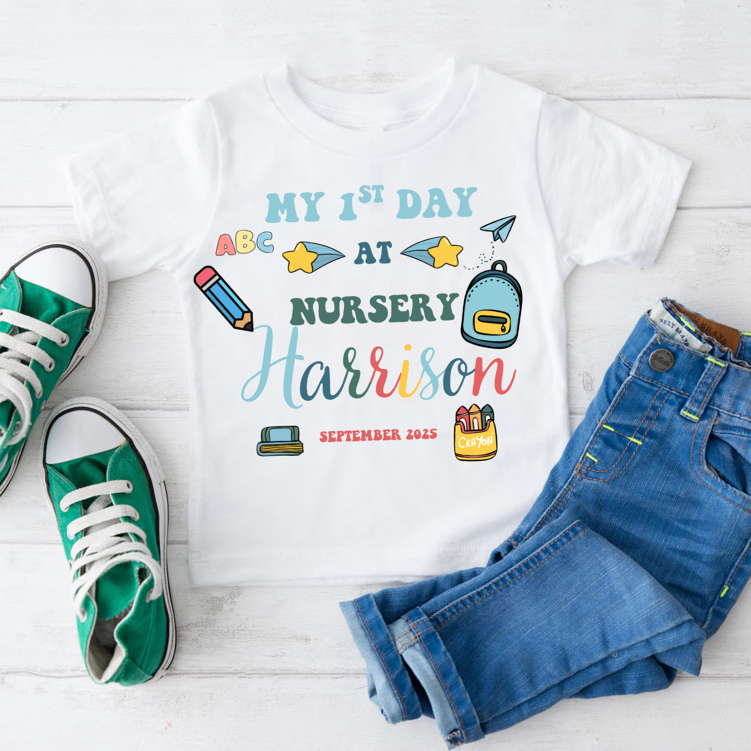 Purple Custom Nursery T-Shirt – First Day of School First day of nursery purple t-shirt with personalised name for toddler