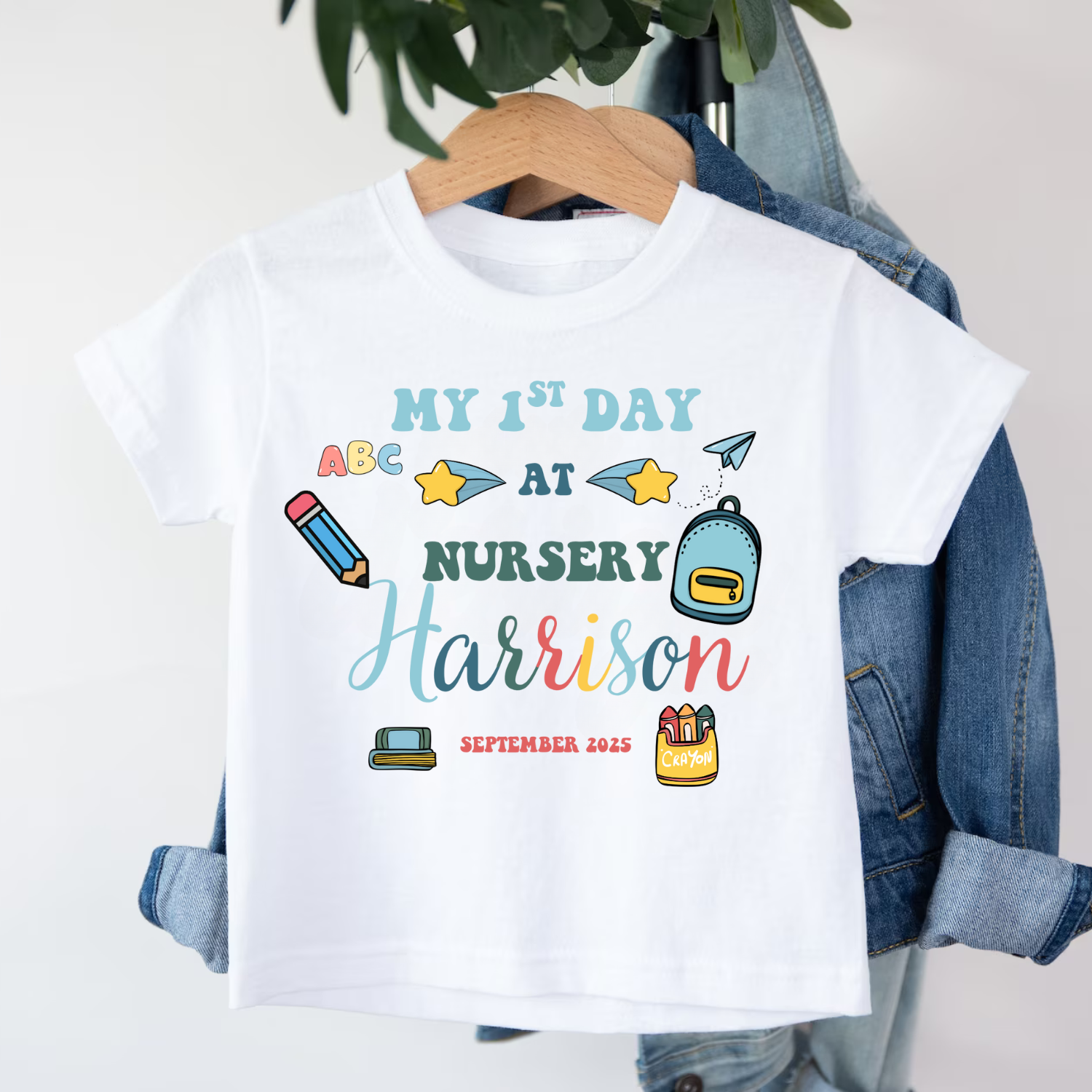 First Day at Nursery Shirt – Green & White Personalised Tee Green stripe nursery t-shirt with school-themed design and child’s name