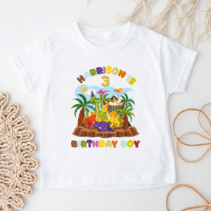Personalised dinosaur birthday t-shirt for toddlers with custom name
