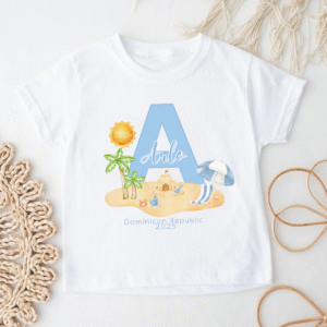 Beach-themed travel shirt for baby with letter and Dominican Republic text