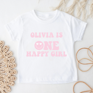 One happy girl t-shirt with smiley face and pink text