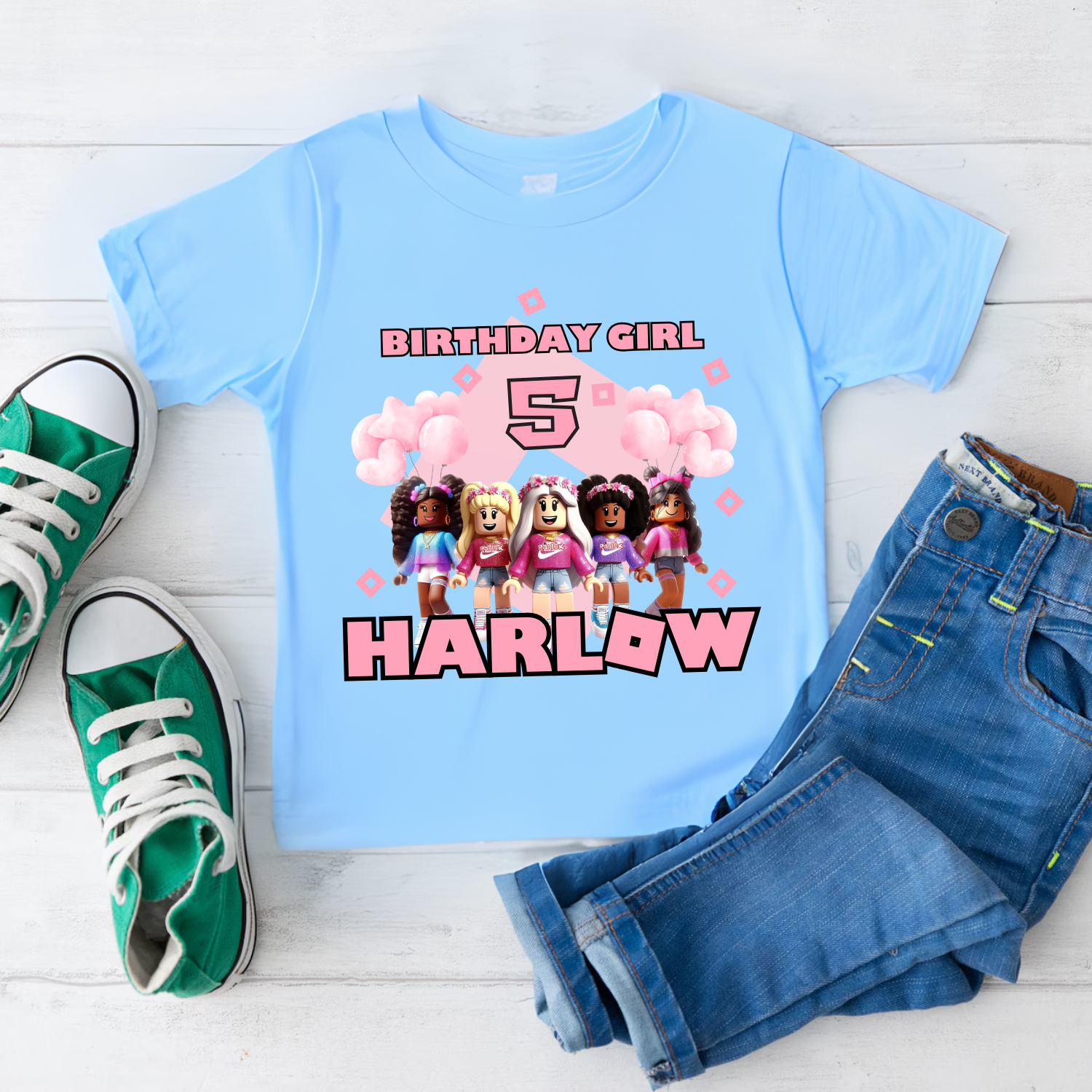 Roblox Birthday Tee for Girls – Custom Name & Age Girls pink Roblox tee with age and name for birthday