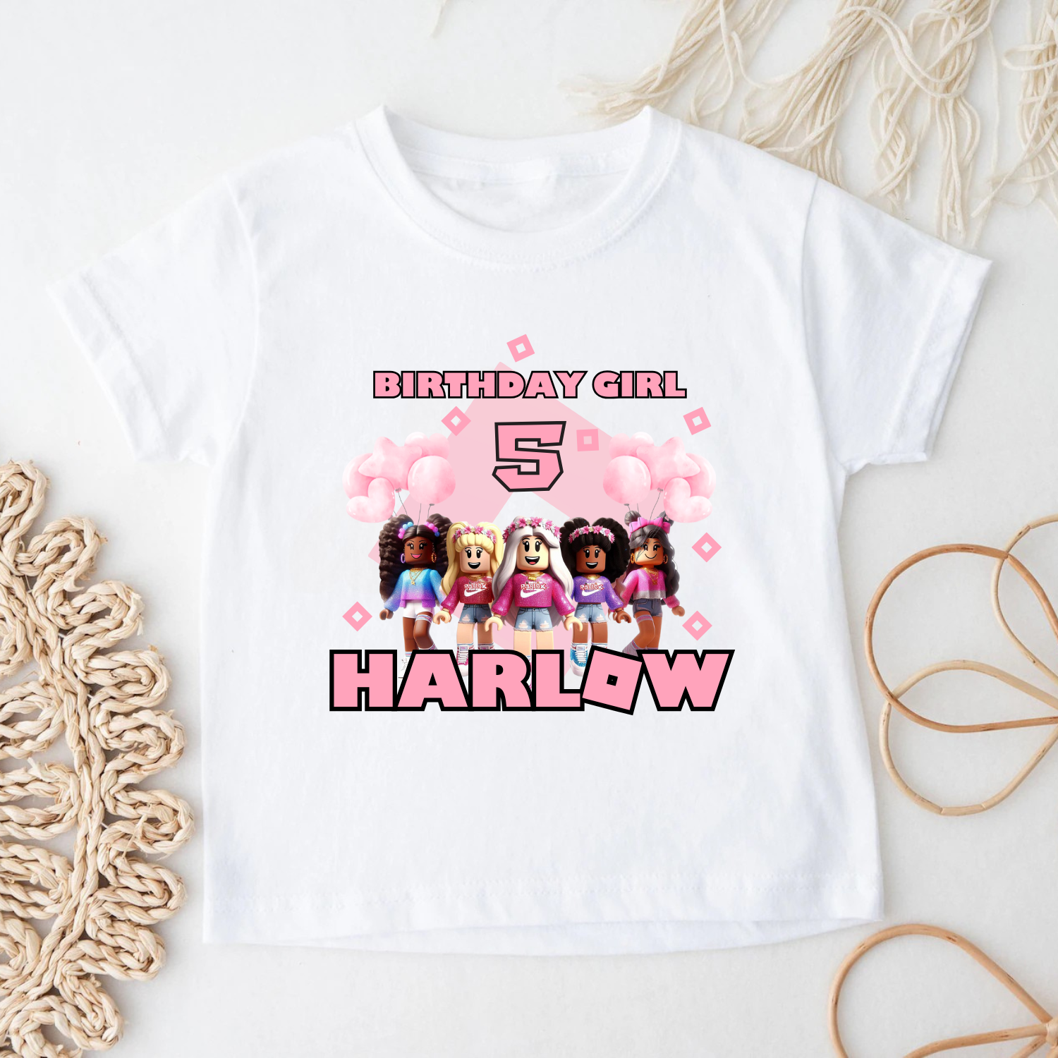 Girl’s Roblox Birthday Shirt – Name and Age Design Roblox themed birthday t-shirt in pink for girls