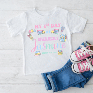 Pink and purple nursery starter t-shirt with name Jasmine and school graphics