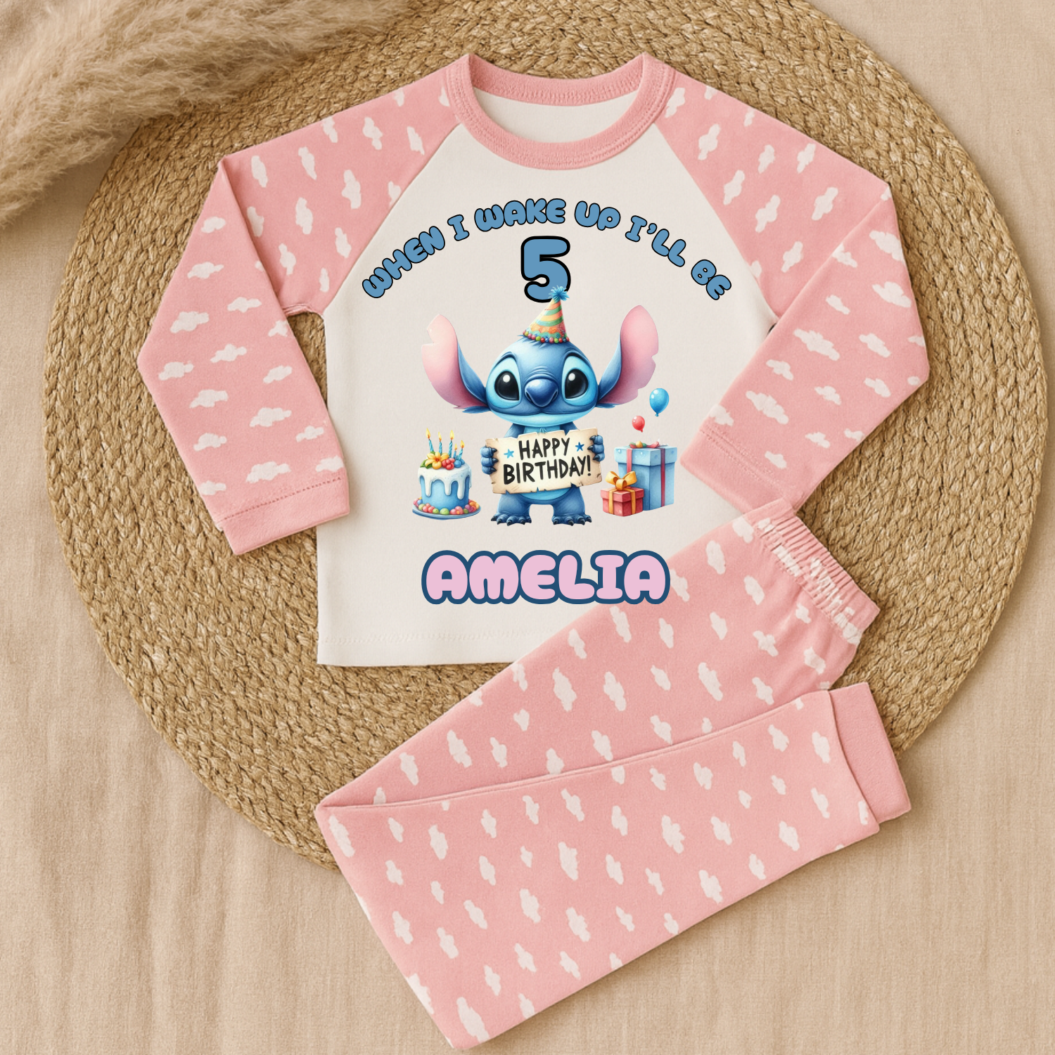 Personalised Birthday Pyjamas Pink Cloud – Custom Name and Age personalised birthday pyjamas in pink cloud design with custom name and age