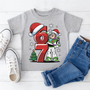 Kids 67 Christmas Space Ranger T-Shirt – White white kids christmas tshirt with 67 santa hat numbers and cartoon space ranger style character