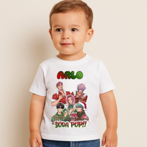 personalised kpop christmas tshirt for kids featuring soda pop anime boys and name arlo