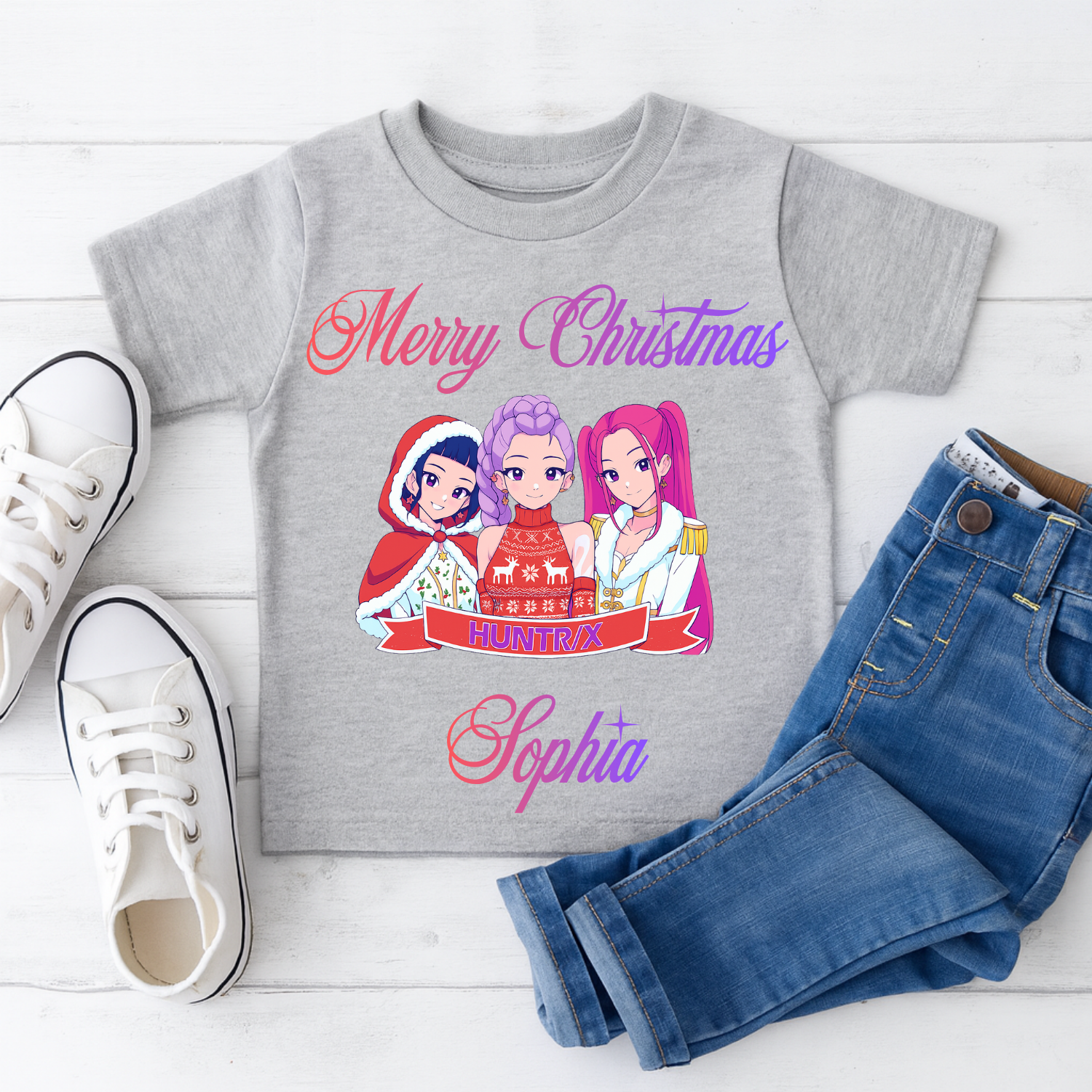 HuntrX Girls Merry Christmas Personalised Tee – White white kids personalised merry christmas tshirt featuring three huntrx anime girls and custom name