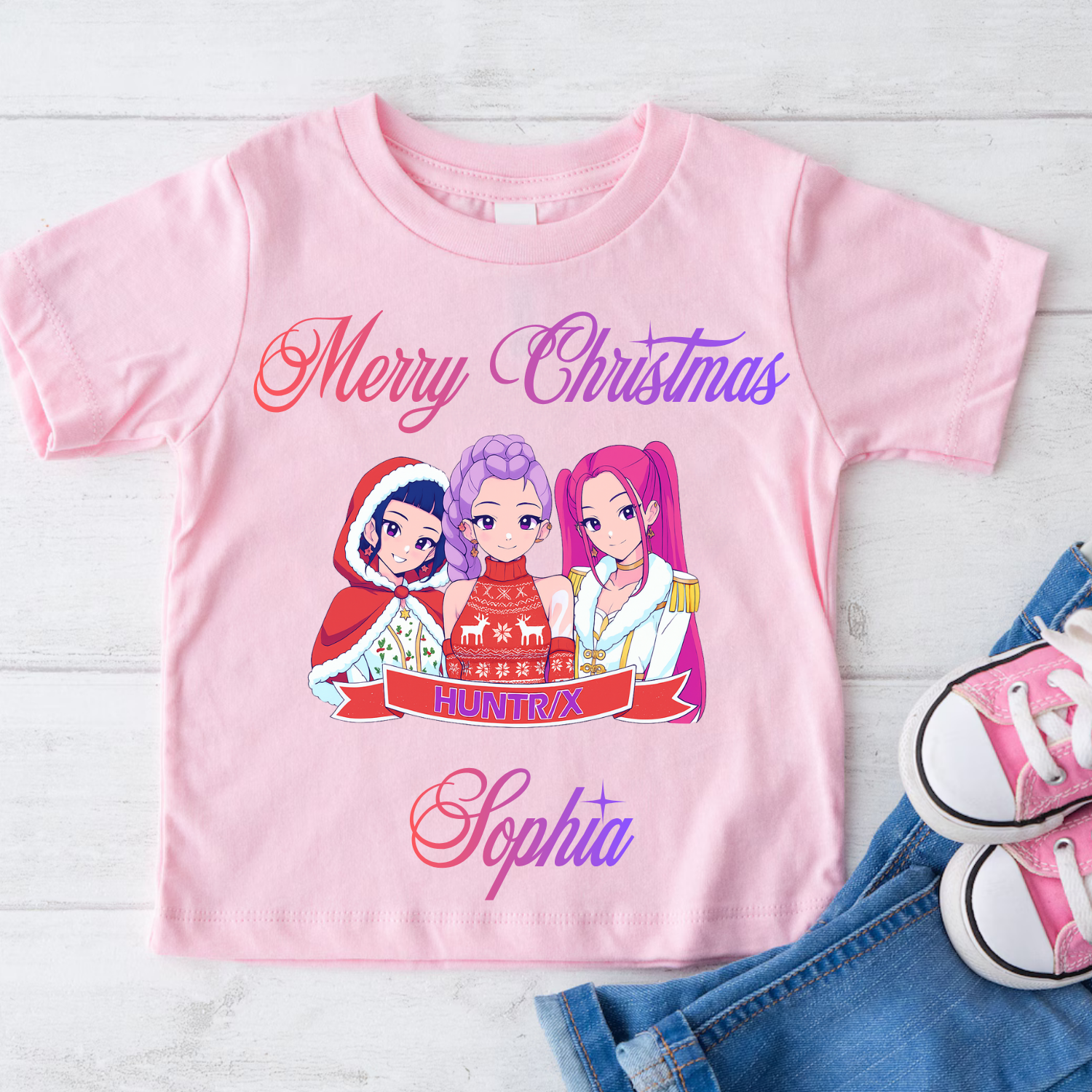 Pink HuntrX Anime Girls Christmas Kids Shirt pink kids anime christmas tshirt with huntrx girls trio and custom child name