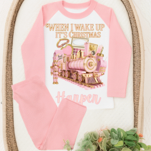 P Louise Inspired Girls Pink Christmas Train Pyjamas : P Louise inspired personalised pink christmas pyjamas for girls with train design
