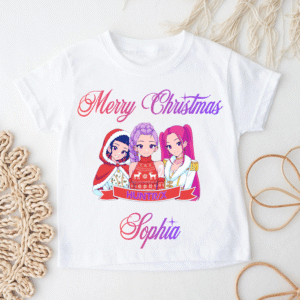 sisters wearing matching personalised huntrx girls merry christmas tshirts