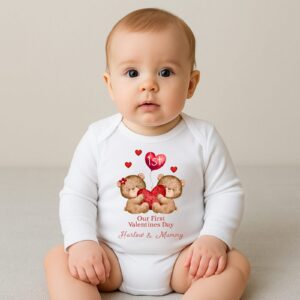 Baby wearing personalised ‘Our First Valentine’s Day’ outfit with teddy bear heart design for mummy and baby