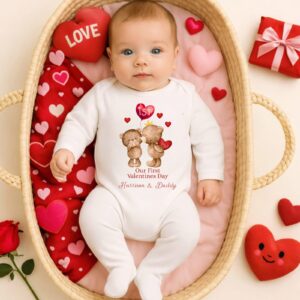 Baby wearing personalised ‘Our First Valentine’s Day’ outfit with teddy bear design for daddy and baby