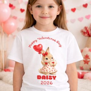 “Child wearing personalised Happy Valentine’s Day bunny T-shirt with name and year”