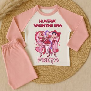 Personalised Huntrix Valentine Era kids pyjamas with pink sleeves and Valentine girl squad design on top