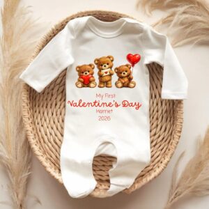Personalised ‘My First Valentine’s Day’ white baby sleepsuit with teddy bear design, custom name and year